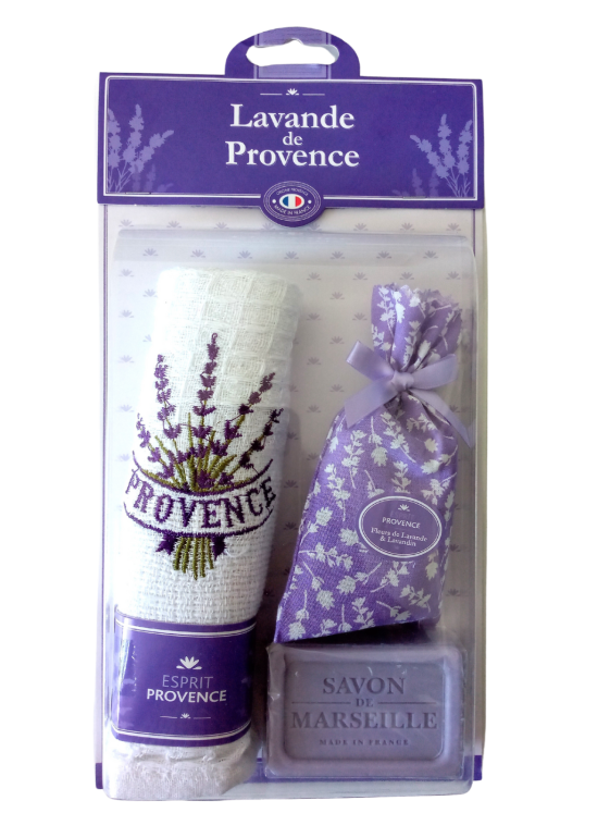 Sachet lavande, torchon brodé et savon, Mazan, Provence, moulin à huile, cap sur les saveurs, le trésor des oliviers